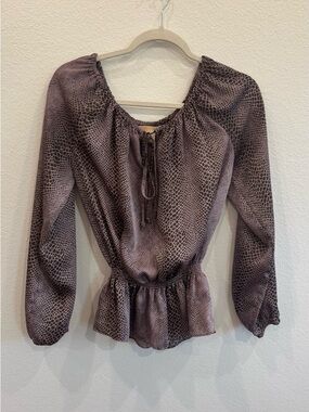 Michael Kors Taupe Snake-Print Peplum Tie-Neck Blouse